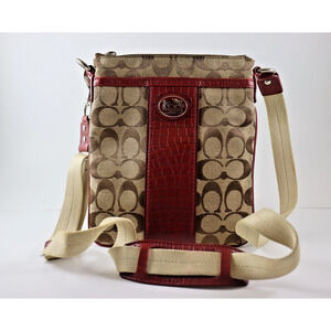Coach Sutton Khaki Burgundy Signature Croc Embossed Crossbody Bag Tote